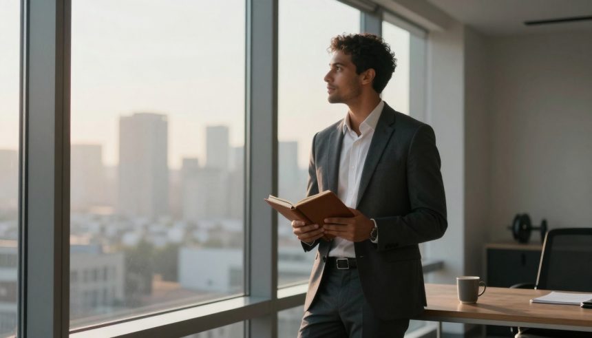 A man in a suit stands by a large window holding an open book, gazing outside. A desk with a mug and papers is nearby. City skyline visible.