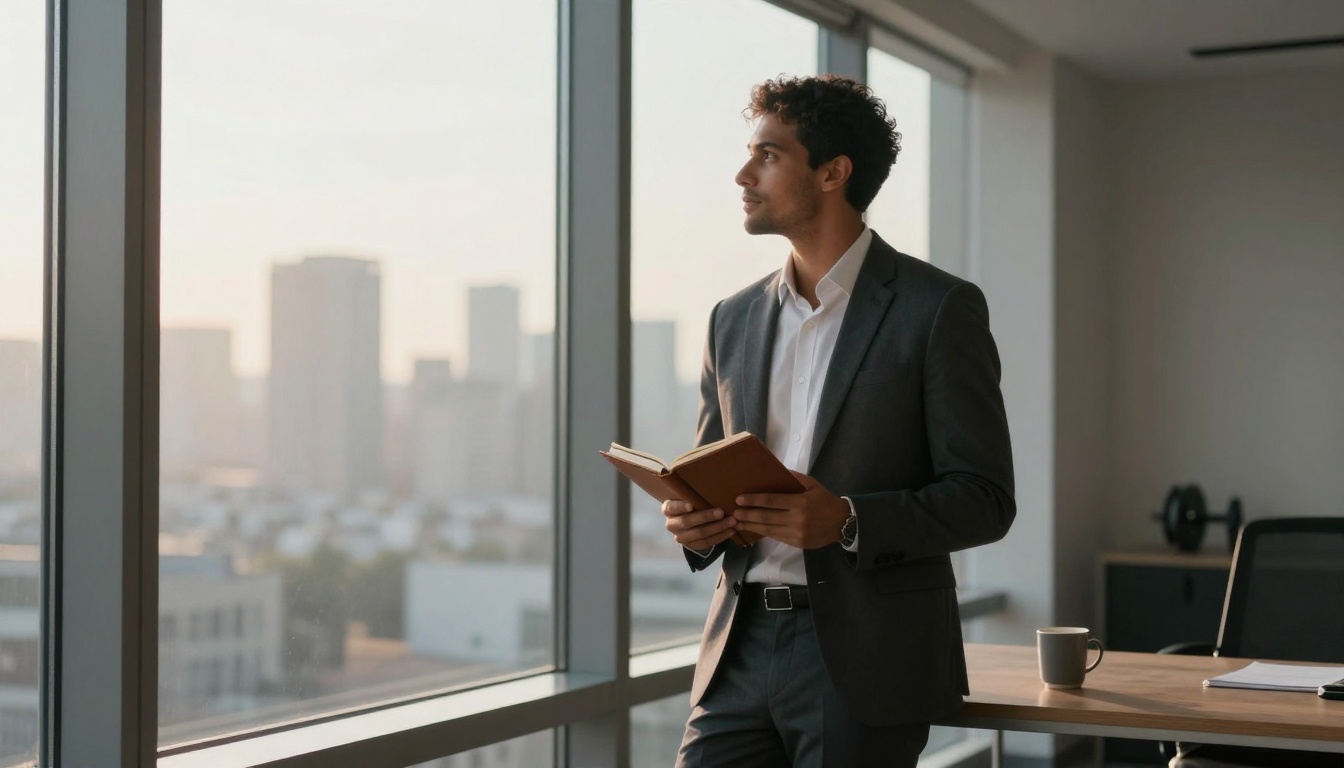 A man in a suit stands by a large window holding an open book, gazing outside. A desk with a mug and papers is nearby. City skyline visible.