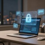 A laptop on a desk displays code, surrounded by digital lock icons and symbols, suggesting cybersecurity. A plant and mouse are nearby.