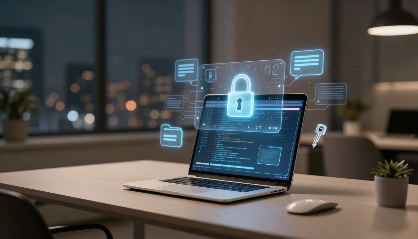 A laptop on a desk displays code, surrounded by digital lock icons and symbols, suggesting cybersecurity. A plant and mouse are nearby.