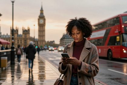 A woman in a brown coat looks at her phone while walking on a wet street in London. Big Ben and a red double-decker bus are in the background.