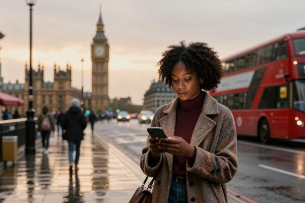 A woman in a brown coat looks at her phone while walking on a wet street in London. Big Ben and a red double-decker bus are in the background.