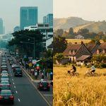 The image is split into two scenes. The left side shows a busy city street with heavy traffic and tall buildings under a gray sky. The right side depicts a rural landscape with two people biking through a golden field near stone cottages, surrounded by rolling hills and trees.
