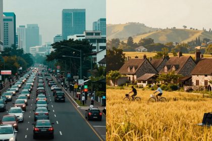 The image is split into two scenes. The left side shows a busy city street with heavy traffic and tall buildings under a gray sky. The right side depicts a rural landscape with two people biking through a golden field near stone cottages, surrounded by rolling hills and trees.