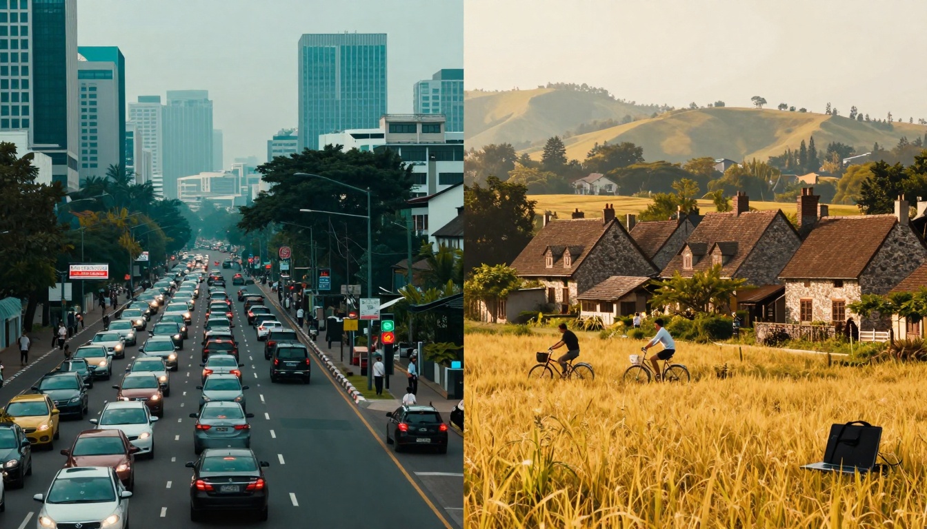 The image is split into two scenes. The left side shows a busy city street with heavy traffic and tall buildings under a gray sky. The right side depicts a rural landscape with two people biking through a golden field near stone cottages, surrounded by rolling hills and trees.