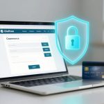 A laptop displaying a website labeled "Choffcoe" with a form titled "Coommerce" on the screen. A credit card is placed on the keyboard, and a glowing blue shield with a padlock icon hovers above, symbolizing security. The setting appears to be an office.