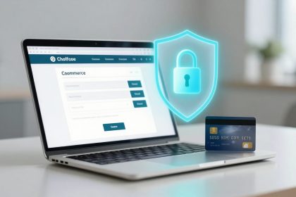 A laptop displaying a website labeled "Choffcoe" with a form titled "Coommerce" on the screen. A credit card is placed on the keyboard, and a glowing blue shield with a padlock icon hovers above, symbolizing security. The setting appears to be an office.