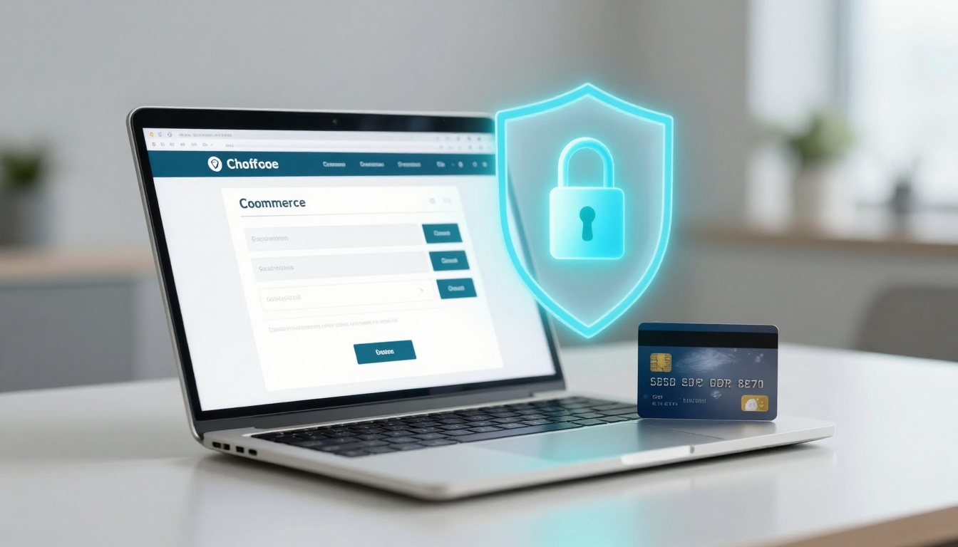 A laptop displaying a website labeled "Choffcoe" with a form titled "Coommerce" on the screen. A credit card is placed on the keyboard, and a glowing blue shield with a padlock icon hovers above, symbolizing security. The setting appears to be an office.