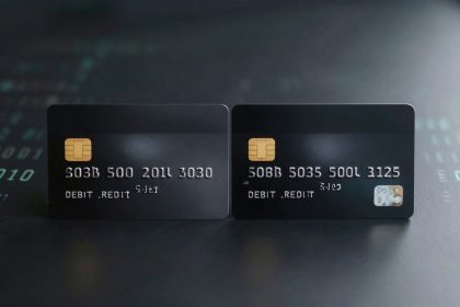 Two black debit cards with gold chips displayed side by side on a dark surface. Cards have embossed numbers and text.