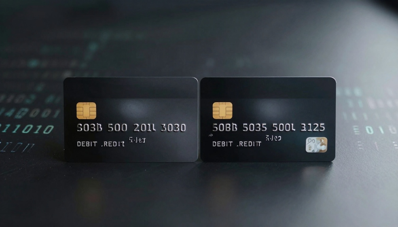 Two black debit cards with gold chips displayed side by side on a dark surface. Cards have embossed numbers and text.