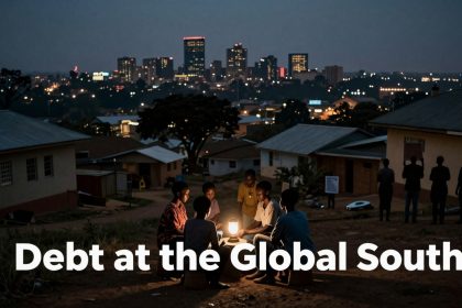 A group of people sit around a lantern at dusk in a rural area, with a city skyline in the background. The text "Debt at the Global South" overlays the image.