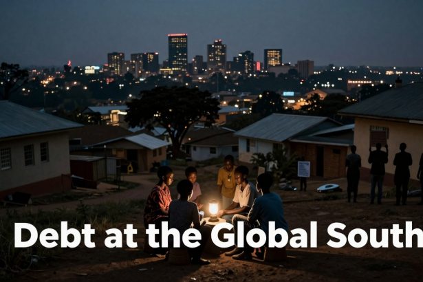 A group of people sit around a lantern at dusk in a rural area, with a city skyline in the background. The text "Debt at the Global South" overlays the image.