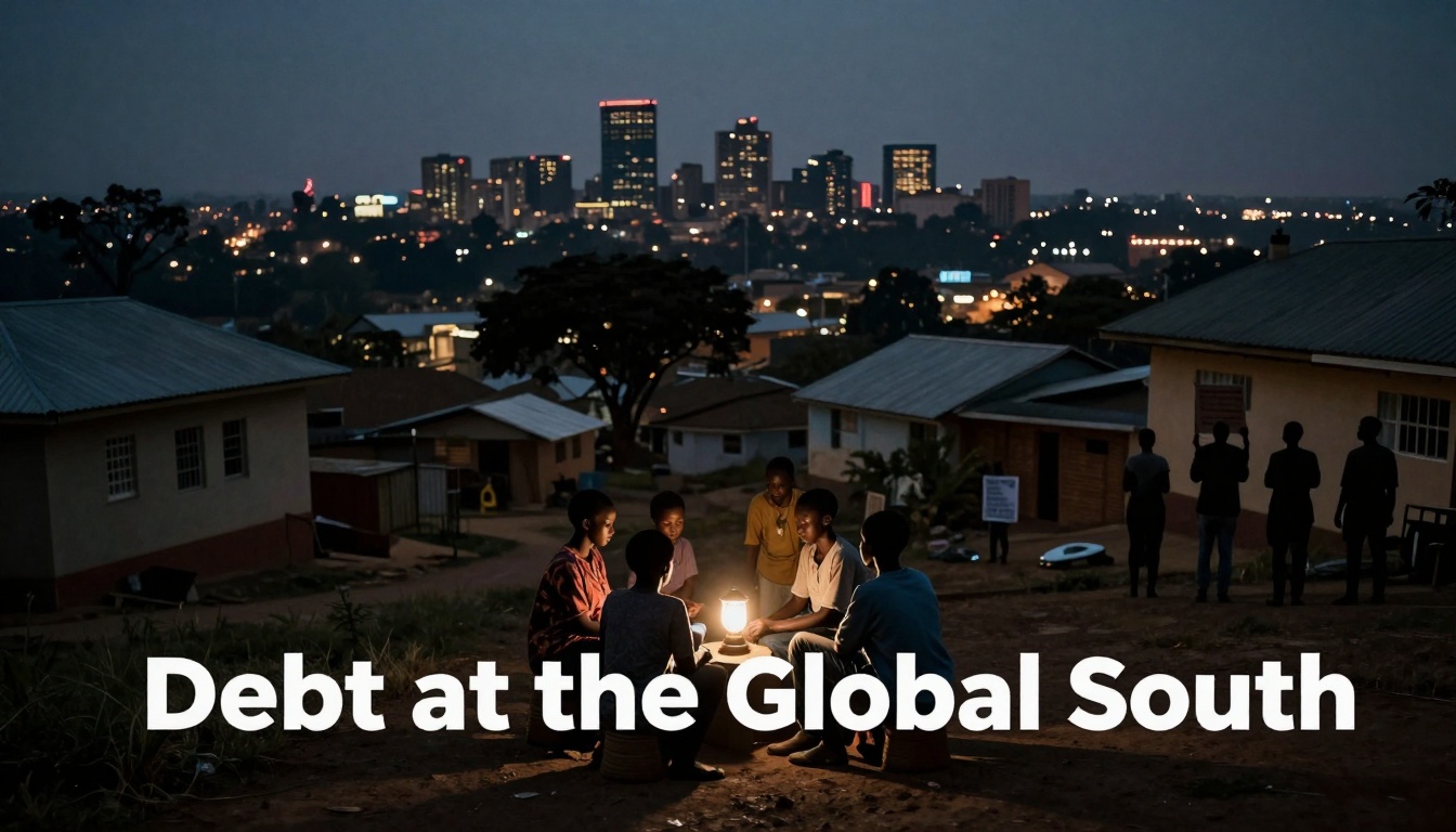 A group of people sit around a lantern at dusk in a rural area, with a city skyline in the background. The text "Debt at the Global South" overlays the image.