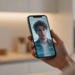 A person holds a smartphone displaying a video call with a man. The phone screen shows facial recognition scanning lines. The background is a blurred kitchen setting with light-colored cabinets and a stove.