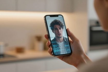 A person holds a smartphone displaying a video call with a man. The phone screen shows facial recognition scanning lines. The background is a blurred kitchen setting with light-colored cabinets and a stove.