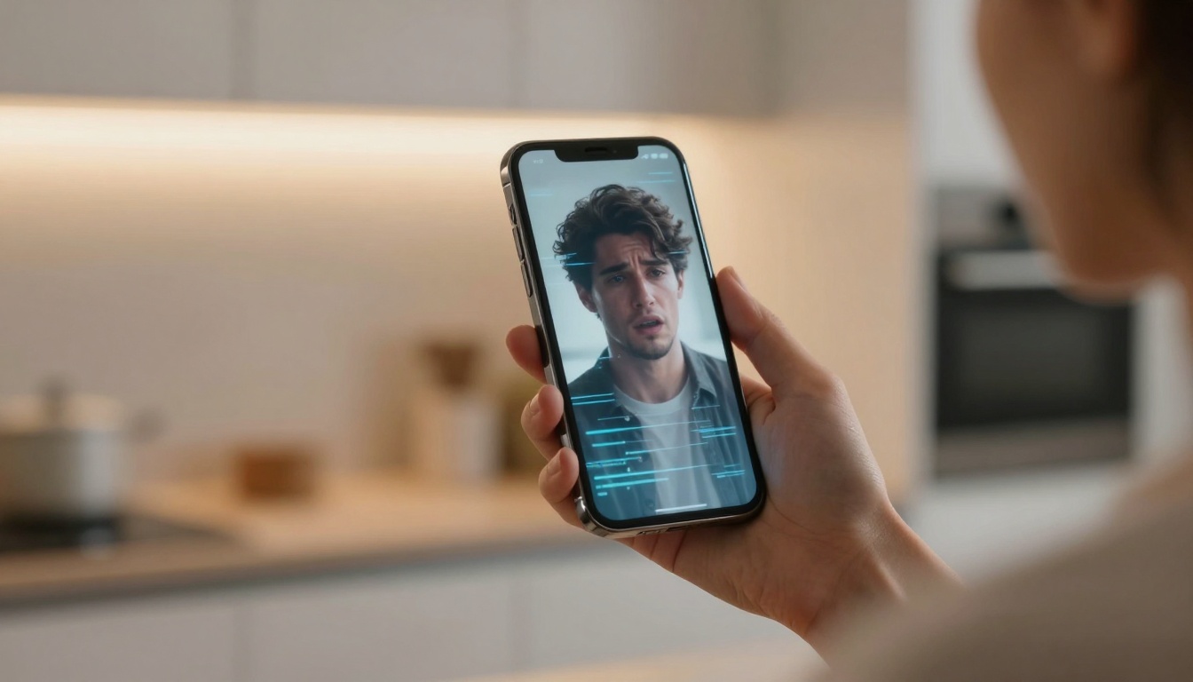 A person holds a smartphone displaying a video call with a man. The phone screen shows facial recognition scanning lines. The background is a blurred kitchen setting with light-colored cabinets and a stove.