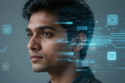 A person in profile with digital data overlays, including icons and lines in blue, suggesting a tech or digital theme.