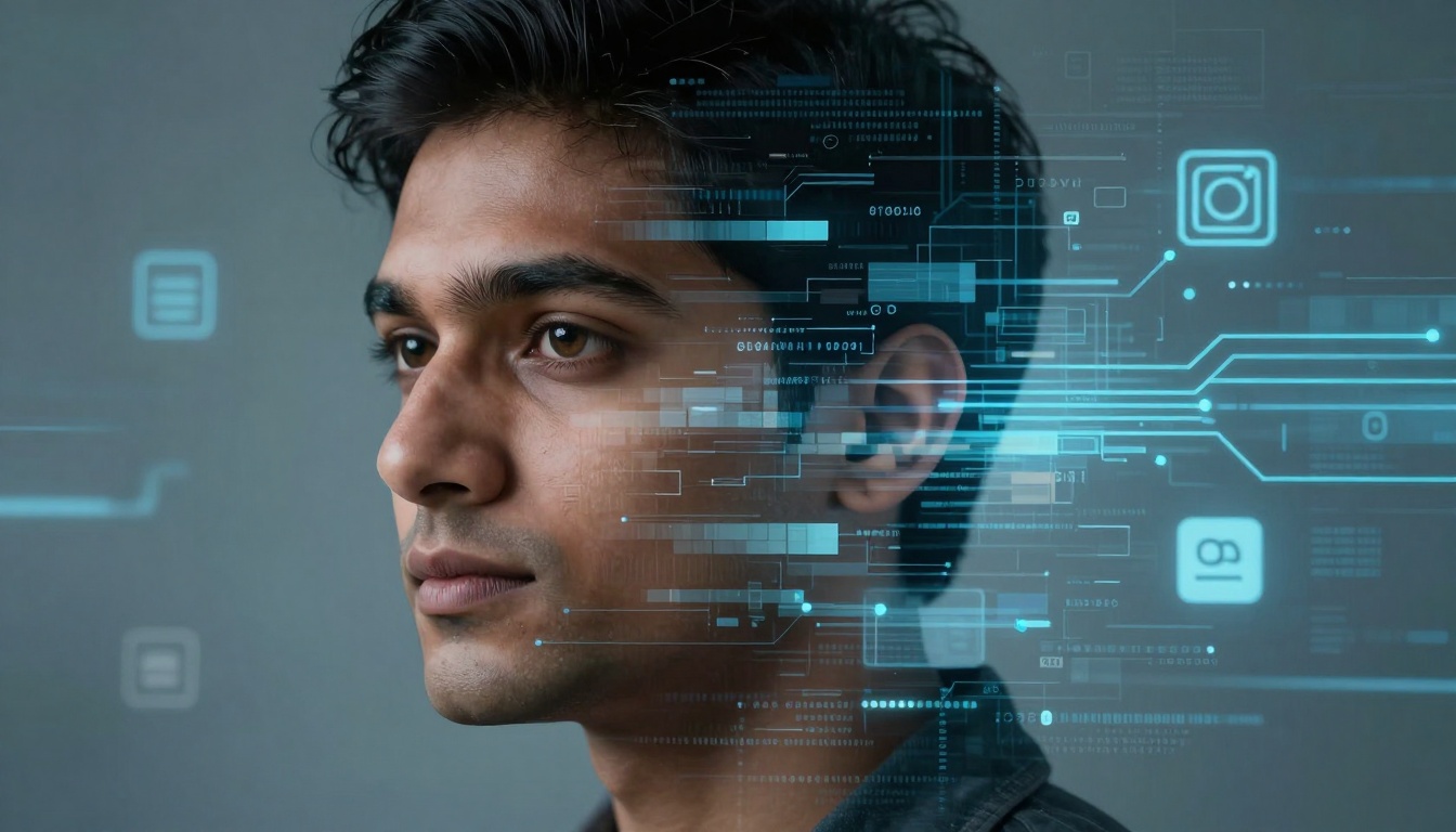 A person in profile with digital data overlays, including icons and lines in blue, suggesting a tech or digital theme.