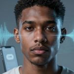 A man with short curly hair is facing forward, with a digital soundwave overlay across his face. A smartphone is visible in the background.