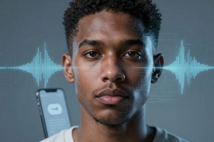 A man with short curly hair is facing forward, with a digital soundwave overlay across his face. A smartphone is visible in the background.