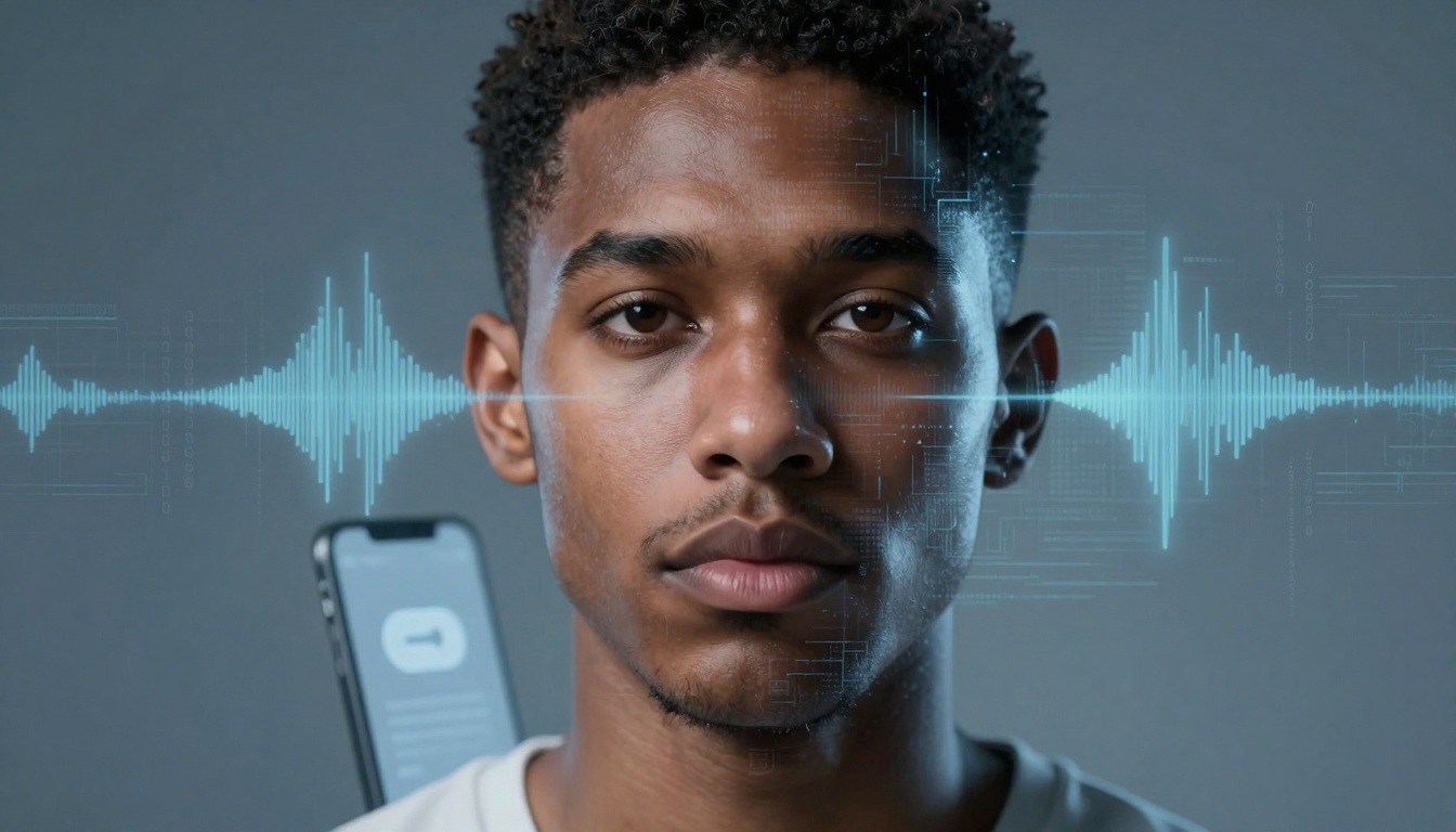 A man with short curly hair is facing forward, with a digital soundwave overlay across his face. A smartphone is visible in the background.
