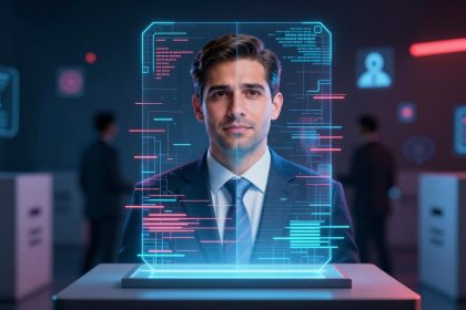 A man in a suit is behind a digital interface displaying blue and red data lines. The background shows a dimly lit room with blurred figures and electronic screens.