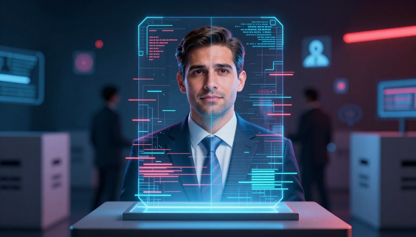 A man in a suit is behind a digital interface displaying blue and red data lines. The background shows a dimly lit room with blurred figures and electronic screens.