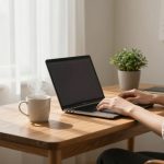A person types on a laptop at a wooden desk. A steaming mug and a potted plant sit nearby. Soft light filters through sheer curtains.