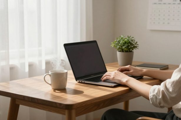 A person types on a laptop at a wooden desk. A steaming mug and a potted plant sit nearby. Soft light filters through sheer curtains.