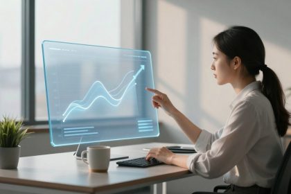 A woman in a white shirt interacts with a futuristic, transparent screen displaying rising graphs. She is seated at a desk with a keyboard, mug, and potted plant. Light streams in through a large window.