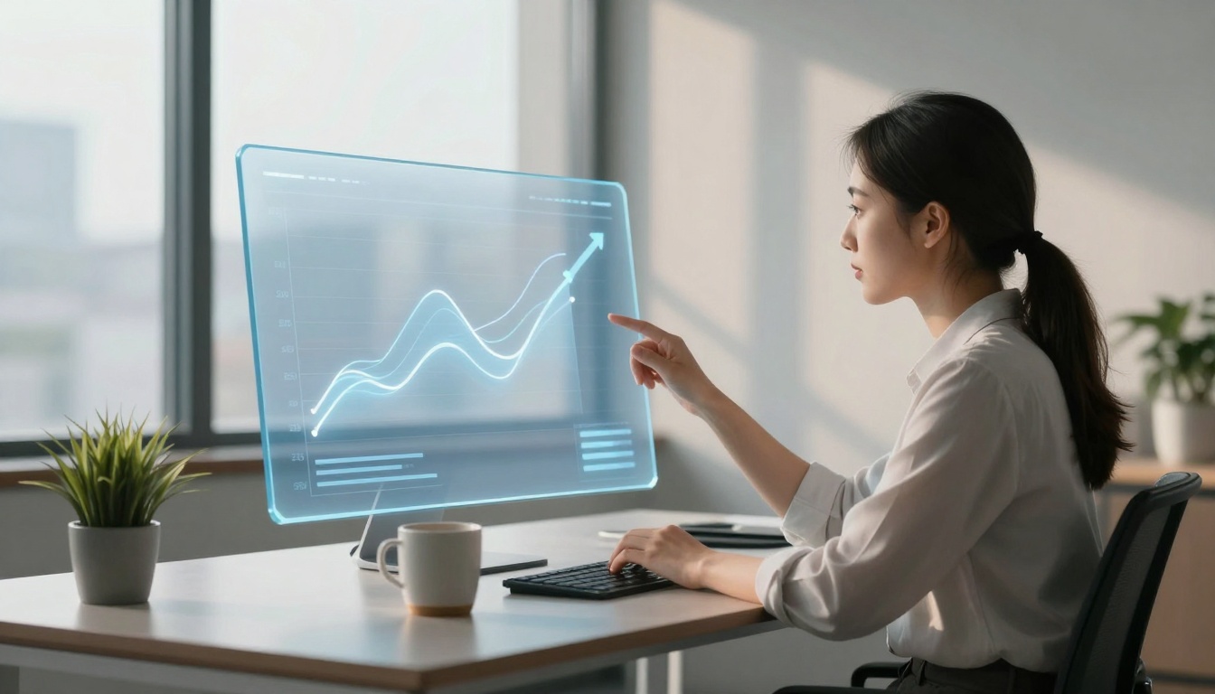 A woman in a white shirt interacts with a futuristic, transparent screen displaying rising graphs. She is seated at a desk with a keyboard, mug, and potted plant. Light streams in through a large window.