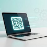 A laptop displaying a glowing QR code on its screen sits on a white surface. The background features faint gear icons and a teal gradient.