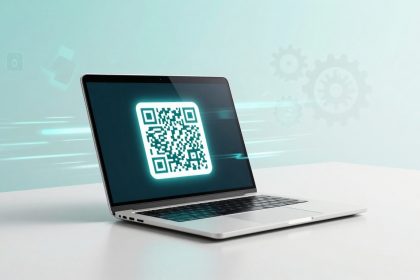 A laptop displaying a glowing QR code on its screen sits on a white surface. The background features faint gear icons and a teal gradient.