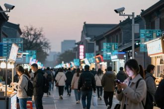Busy street market at dusk with people walking and shopping. Vendors serve food under bright signs, surveillance cameras overhead.