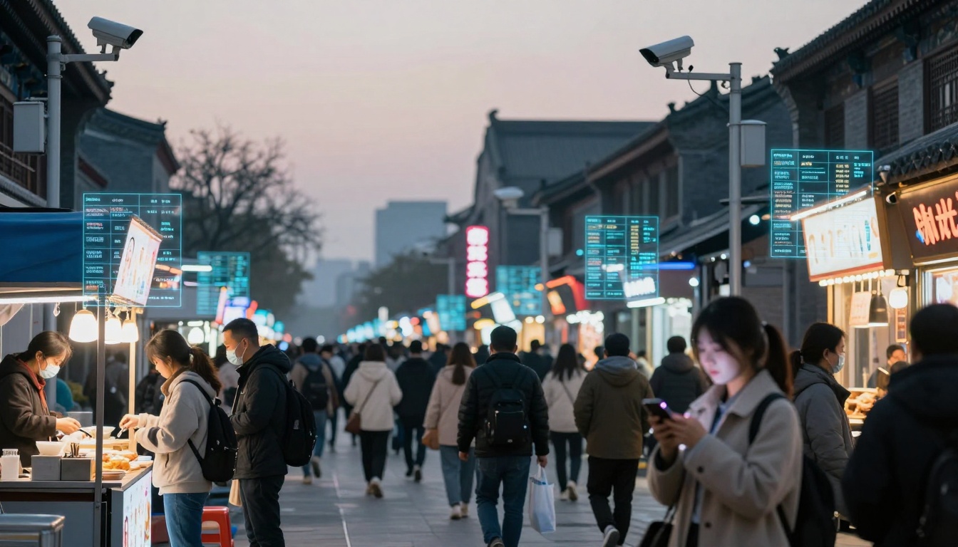 Busy street market at dusk with people walking and shopping. Vendors serve food under bright signs, surveillance cameras overhead.