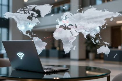Laptop on a glass table displays a glowing Wi-Fi symbol, with a transparent world map overlay showing global network connections. Office setting in the background.