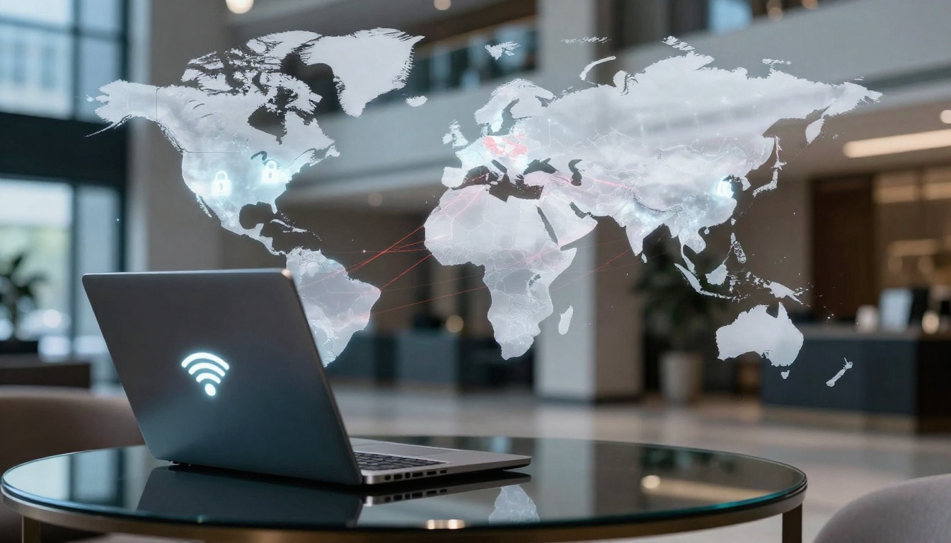 Laptop on a glass table displays a glowing Wi-Fi symbol, with a transparent world map overlay showing global network connections. Office setting in the background.