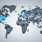 A digital world map with interconnected lines and glowing nodes. Icons of VR headset, credit cards, and digital symbols are overlaid.