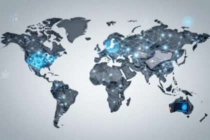 A digital world map with interconnected lines and glowing nodes. Icons of VR headset, credit cards, and digital symbols are overlaid.