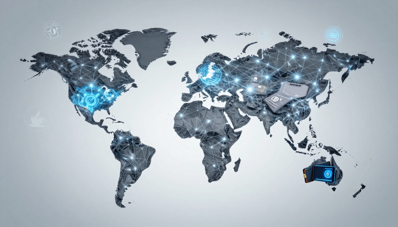A digital world map with interconnected lines and glowing nodes. Icons of VR headset, credit cards, and digital symbols are overlaid.