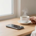 A person holding a steaming cup of coffee at a wooden table. A smartphone and a small potted plant are nearby, with a window in the background.