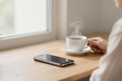 A person holding a steaming cup of coffee at a wooden table. A smartphone and a small potted plant are nearby, with a window in the background.