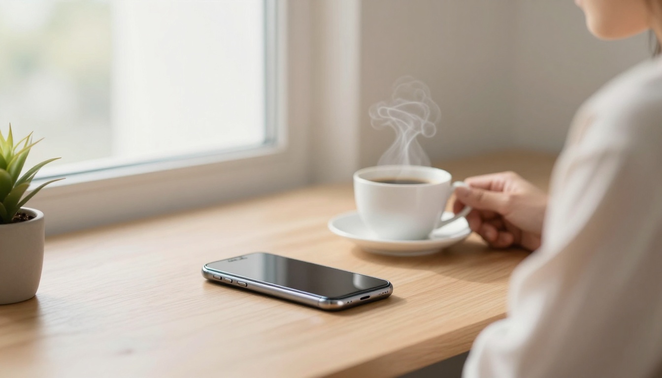 A person holding a steaming cup of coffee at a wooden table. A smartphone and a small potted plant are nearby, with a window in the background.