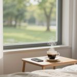 A steaming cup of coffee on a wooden side table beside a smartphone, near a window with sheer curtains. Outside, a green lawn and trees are visible.