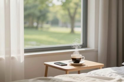A steaming cup of coffee on a wooden side table beside a smartphone, near a window with sheer curtains. Outside, a green lawn and trees are visible.