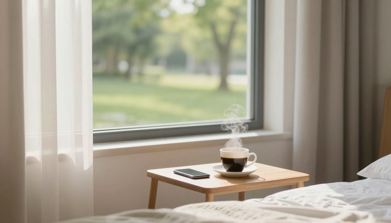 A steaming cup of coffee on a wooden side table beside a smartphone, near a window with sheer curtains. Outside, a green lawn and trees are visible.