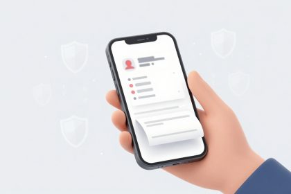 A hand holding a smartphone displaying a digital profile with a red user icon, text lines, and bullet points. Background shows shield icons.