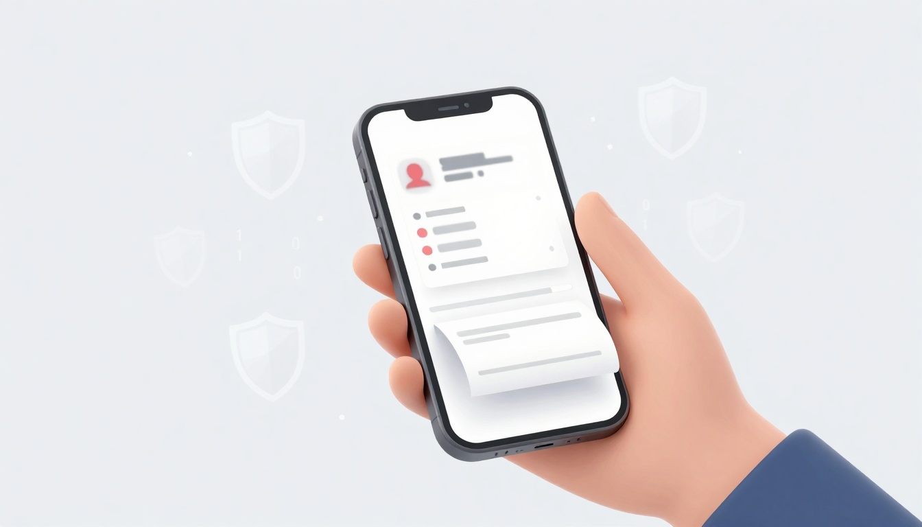 A hand holding a smartphone displaying a digital profile with a red user icon, text lines, and bullet points. Background shows shield icons.