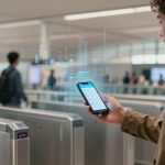A person in a brown jacket holds a smartphone displaying data, standing near turnstiles in a modern, well-lit transit station. Other people are visible in the background.