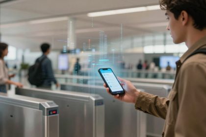 A person in a brown jacket holds a smartphone displaying data, standing near turnstiles in a modern, well-lit transit station. Other people are visible in the background.